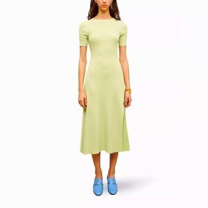 NWT MAJE Ruched Lace-Up Ribbed Stretch-Knitted Midi Dress Verts XS